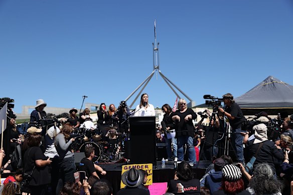 In Canberra, Brittany Higgins speaks at the March 4 Justice protest to rally against abuse and discrimination of women in Australia at Parliament House.
