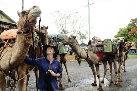 Sophie Matterson stops for a beer with her five camels at the Eltham pub in Northern NSW after nearly completing 5,000km coast-to-coast the walk from Australia's western-most point in Shark Bay, Western Australia, to the eastern-most point in Byron Bay, New South Wales pictured in Eltham on November 21 2021.  