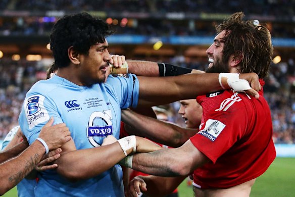 Big boys rumble: Will Skelton and Samuel Whitelock engage in a bit of push and shove.