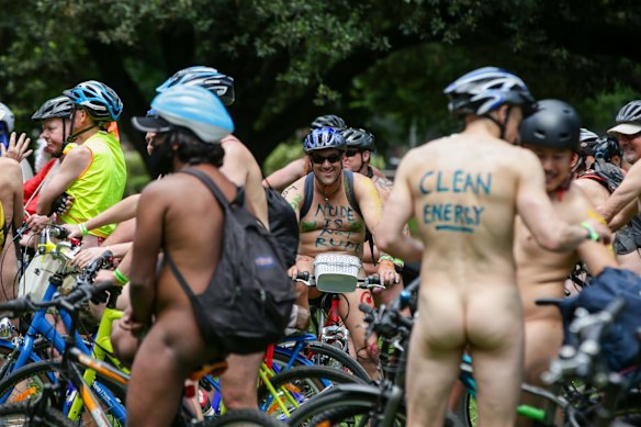 Cyclists take part in the 2021 Naked Bike Ride to peacefully protest issues including body image, cyclists safety and alternative lifestyles.