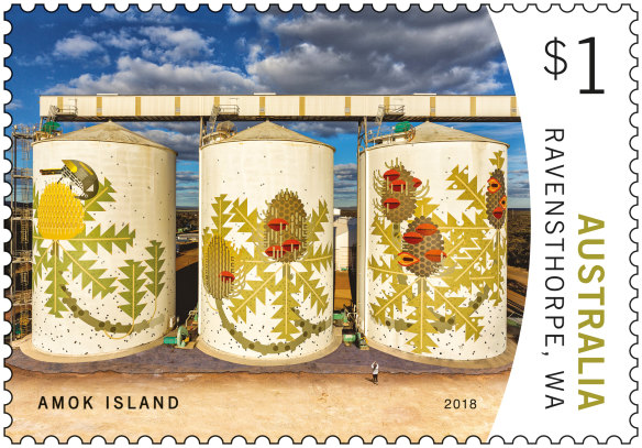 Fremantle artist Amok Island's banksia wildflower silos will be immortalised in stamp form from today.