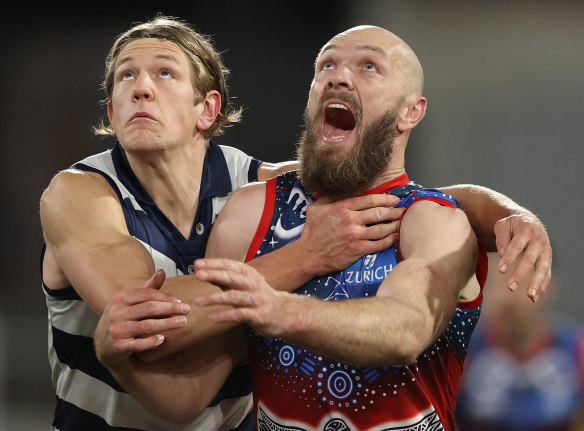 Geelong ruckman Rhys Stanley (left) will return from a fractured eye socket, and is ready to face Max Gawn and his Demons.