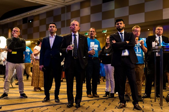 Sombre faces at the Liberal event in Sydney. The Coalition cannot form a majority government after the loss of key seats, spelling the end of Scott Morrison’s time as prime minister.