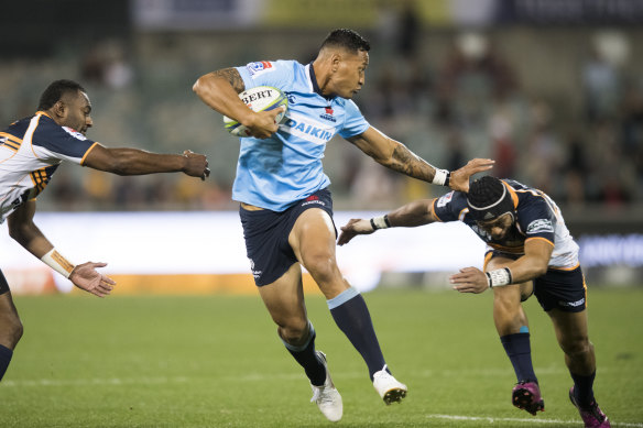 Sidelined: Israel Folau injured his hamstring in the fourth minute against the Brumbies.