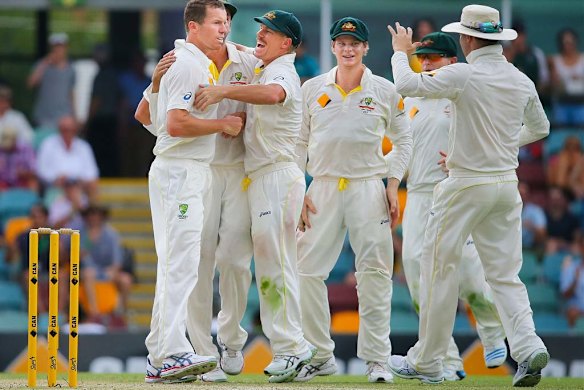 Peter Siddle celebrates a wicket with teammates.
