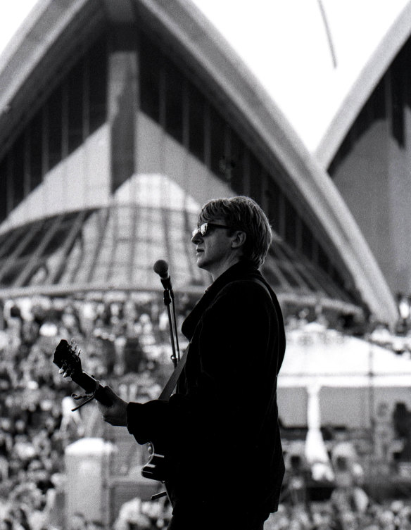 Neil Finn on stage during the band’s Saturday soundcheck.