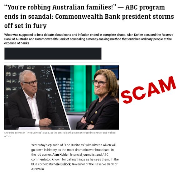 A fake article about ABC finance presenter Alan Kohler and Reserve Bank chair Michele Bullock is among the prominent AI-generated investment scams appearing online