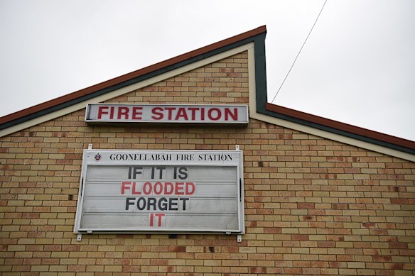 A flood warning sign displayed at the Goonellabah fire station, NSW.