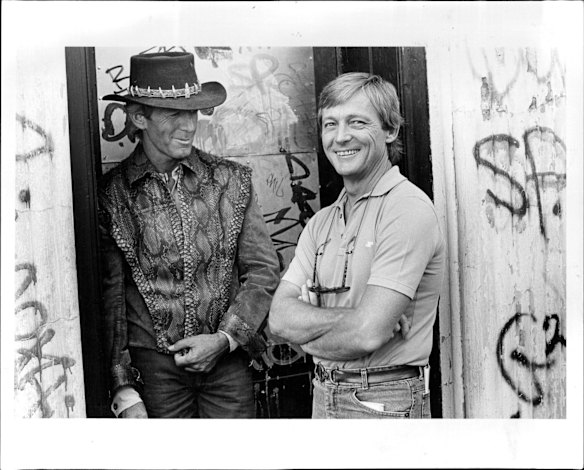 Paul "Hoges" Hogan and John "Strop" Cornell on the set of Crocodile Dundee. March 14, 1986. 