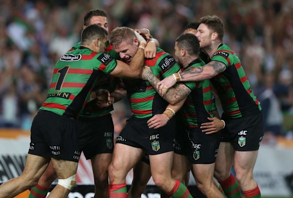 George Burgess scores for the Rabbitohs during the  2014 NRL Grand Final.