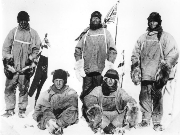 (L-R) Capt Lawrence (Titus) Oates, Capt Robert Falcon Scott, PO Edgar Evans and seated (L-R) Lt Henry (Birdie) Bowers, Dr Edward Adrian Wilson are seen at the South Pole in January 1912