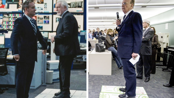 Same same, but different? Logan’s visit to the ATN newsroom floor was a direct reference to Murdoch’s trip to the Wall Street Journal. Right down to the printer paper podium. 