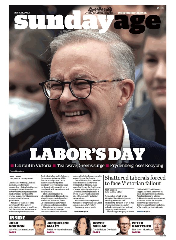 The front page of The Sunday Age.