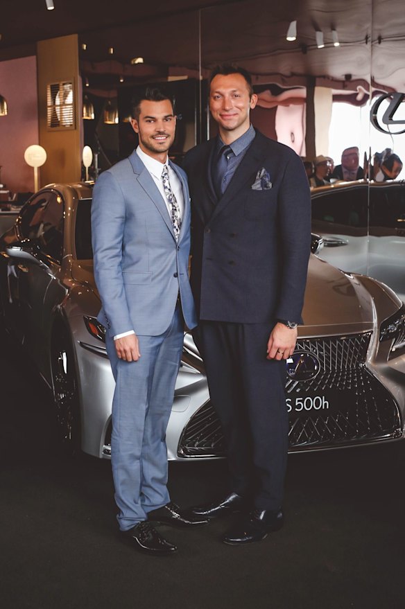 Ian Thorpe and Ryan Channing in the Lexus Design Pavilion at Flemington's birdcage at Melbourne Cup Carnival.