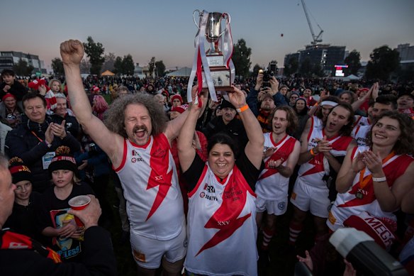 Megahertz players celebrate after winning th Reclink Community Cup by 1 point.
