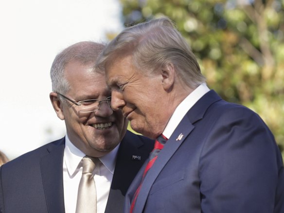 Prime Minister Scott Morrison and President of the United States Donald Trump during a ceremonial welcome for Prime Minister Scott Morrison and Jenny Morrison on the South Lawn of the White House.