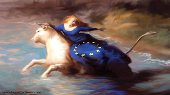 A rendition of Rembrandt's "Abduction of Europa," picturing the European Union flag. 
