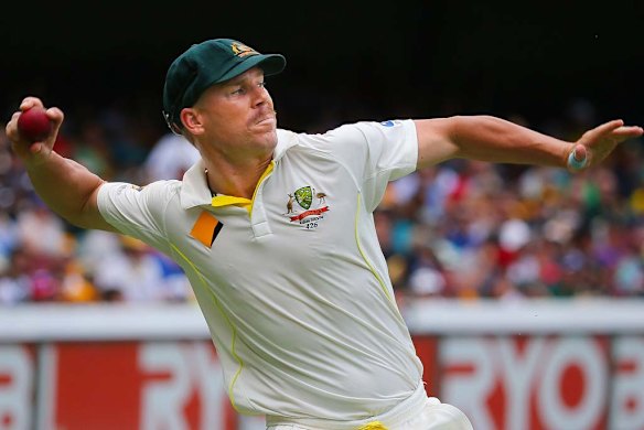 David Warner throws the ball.