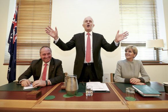 July 18, 2016: Barnaby Joyce,  Malcolm Turnbull and Julie Bishop address their Coalition colleagues during a joint party room meeting.