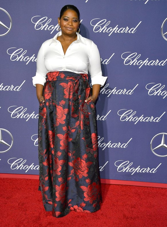 Evening elegance ... Octavia Spencer teams a white shirt with an evening skirt to perfection.