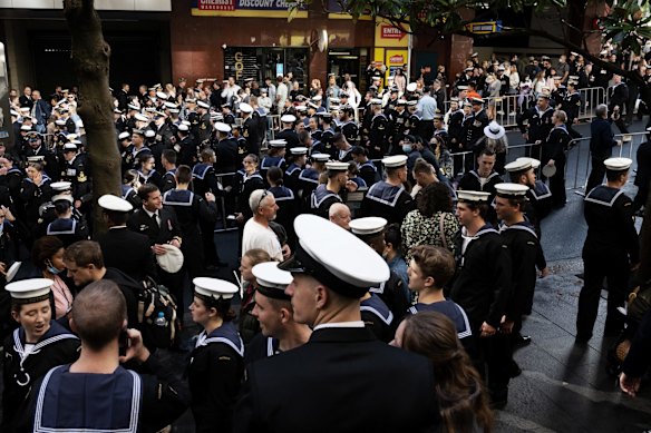Units formed up along Castlereagh St then filed past the Martin Place Cenotaph before marching along Elizabeth St during the Sydney ANZAC Day March 2022.