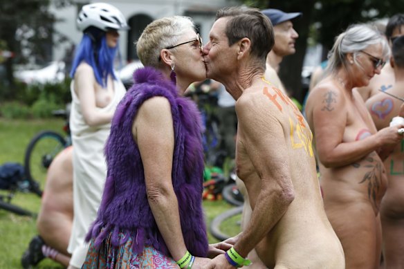 Michael Trowbridge and Annette take part in the 2021 Naked Bike Ride in Melbourne, Australia.