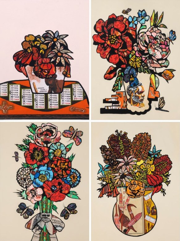 Clockwise from top left: Remark Still Life 3, Remark Flower Arrangement, Remark Flannel Flowers and Remark Aboriginal Bow. All 2022.