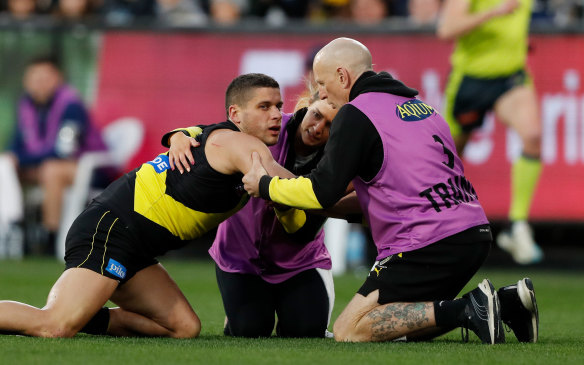 Head trauma: Dion Prestia is in concussion protocols after he was involved in an off-the-ball incident with Tom Stewart on Saturday.