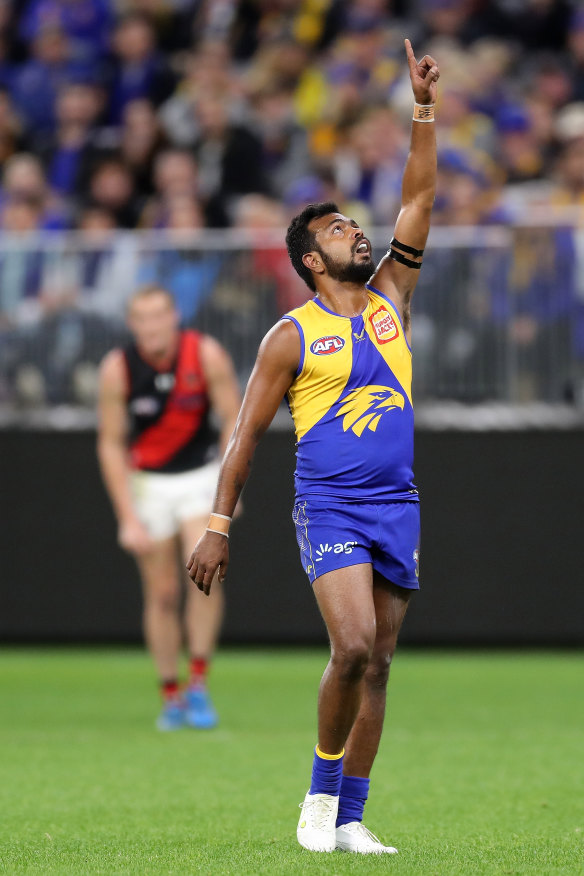 Willie Rioli celebrates after scoring a goal. He is now a Port Adelaide player.