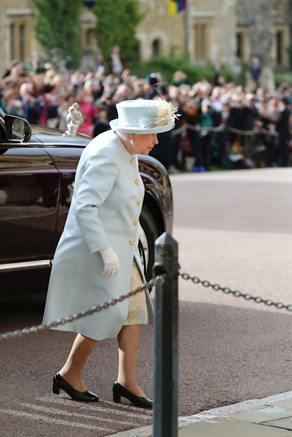 Britain's Queen Elizabeth arrives ahead of the wedding of Princess Eugenie of York and Jack Brooksbank.