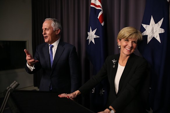 Prime Minister designate Malcolm Turnbull with re-elected Deputy Liberal Leader Jukie Bishop in Parliament House in Canberra on Monday 14 September 2015. 