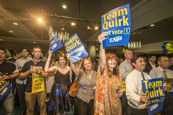LNP supporters greet their returning Lord Mayor Graham Quirk.