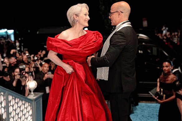Meryl Streep in Balenciaga with Stanley Tucci in a still from The Devil Wears Prada 2.