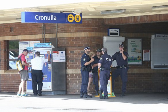 Police patrolling at Cronulla train station.