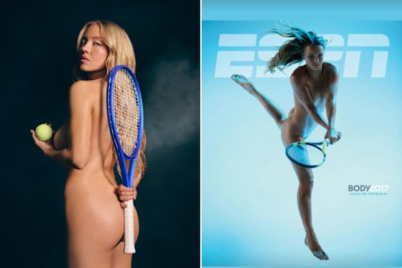Sweeney in the Novig ad and an ESPN cover she posted to her Instagram stories, featuring tennis champion Caroline Wozniacki. 