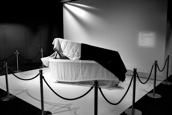 Keyboards which are part of the "Electric Keys" Exhibition which have been covered and protected from dust and sunlight in the Powerhouse Museum, Ultimo.