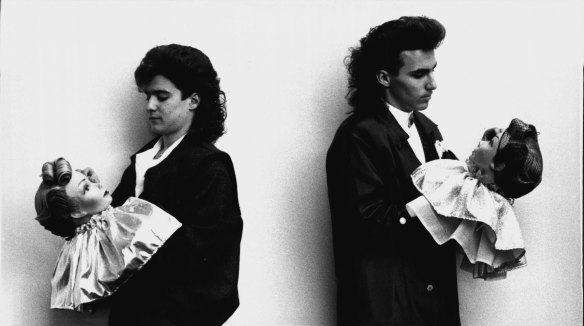 “David Kairuz (left) and Warren Rogers, both apprentices at Fairfield Hair Forum, with dummy models at Centrepoint auditorium on June 22, 1986.” 