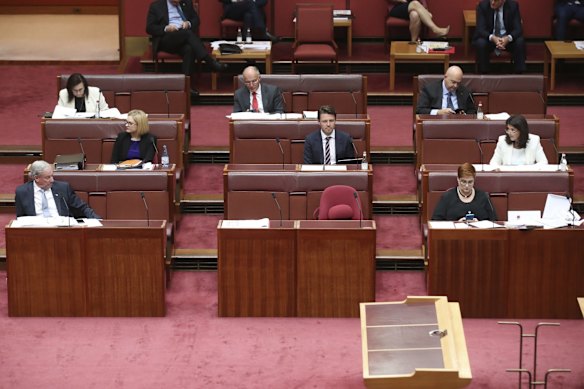 Defence Minister Linda Reynolds' empty seat during question time on Wednesday after she was admitted to hospital and was unable to deliver her address to the National Press Club of Australia.