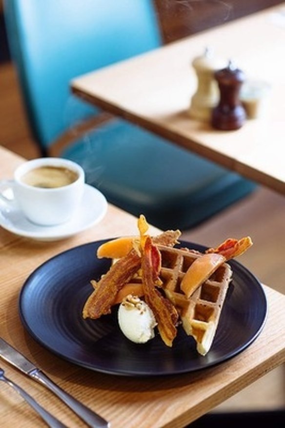 Get your waffle fix at Rudimentary in Melbourne's Footscray. Here, it comes beautifully propped by crisp pancetta, fruit and cheese.
