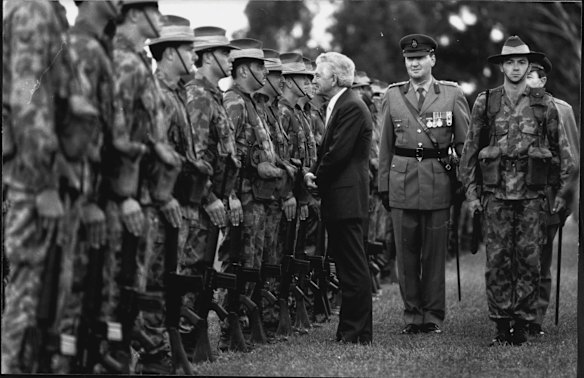 Peacekeeping forces prepare to leave Australia, to patrol Namibia. Bob Hawke inspects the troops at Holdsworthy army base in April 1989. 