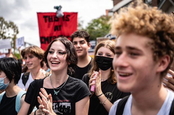 Young people gathered in front of the Prime Minister's Kirribilli residence for the School Strike 4 Climate protest.