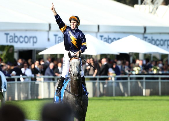 All class: Tommy Berry celebrates after Chautauqua won his third TJ Smith Stakes last year.