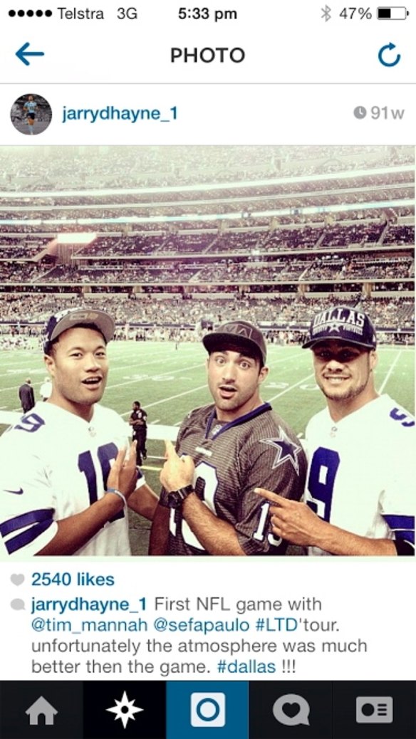 The Hayne Plane: Jarryd Hayne with Parramatta teammates Joseph Paulo and Tim Mannah at an NFL game in Dallas.