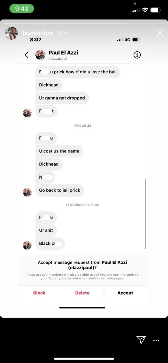 Censored screenshot of racist abuse sent to NRL player Jayden Okunbor and shared by the player on his Instagram story.