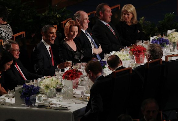 President of the United States Barack Obama speaks with Prime Minister of Australia Julia Gillard after his speech during the Parliamentary dinner hosted by the Prime Minister at Parliament House Canberra.