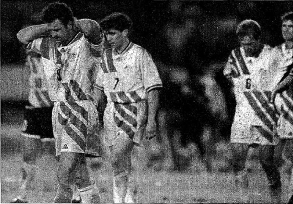 "End of the road... dejected Socceroos Graham Arnold (9), Frank Farina (7) and Paul Wade (6) trudge off the Studio Monumental in Buenos Aires after their 1-0 loss to Argentina in the World Cup qualifying round. " From the front page of the Sydney Morning Herald, November 19, 1993