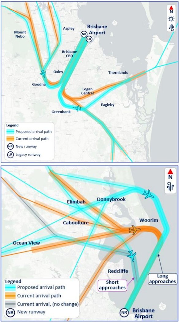 Proposals for arrivals over land (top) and over water (bottom) that Airservices Australia says will support independent parallel runway operations.