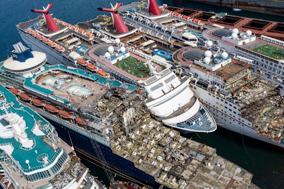 Five cruise ships are seen being broken down for scrap metal at the Aliaga ship recycling port in Izmir, Turkey. With the global coronavirus pandemic pushing the multi-billion dollar cruise industry into crisis, some cruise operators have been forced to cut losses and retire ships earlier than planned. The crisis however has bolstered the years intake of ships at the Aliaga ship recycling port with business up thirty percent on the previous year.  