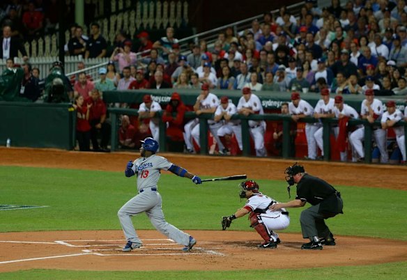 Dodgers Hanley Ramirez swings away in the Opening Game of the 2014 MLB Season Between the Arizona Diamonbacks and LA Dodgers at the SCG.