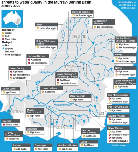 Most river valleys in the Murray-Darling Basin have warnings of possible or current algal blooms, while some are also reporting contamination from bushfires.